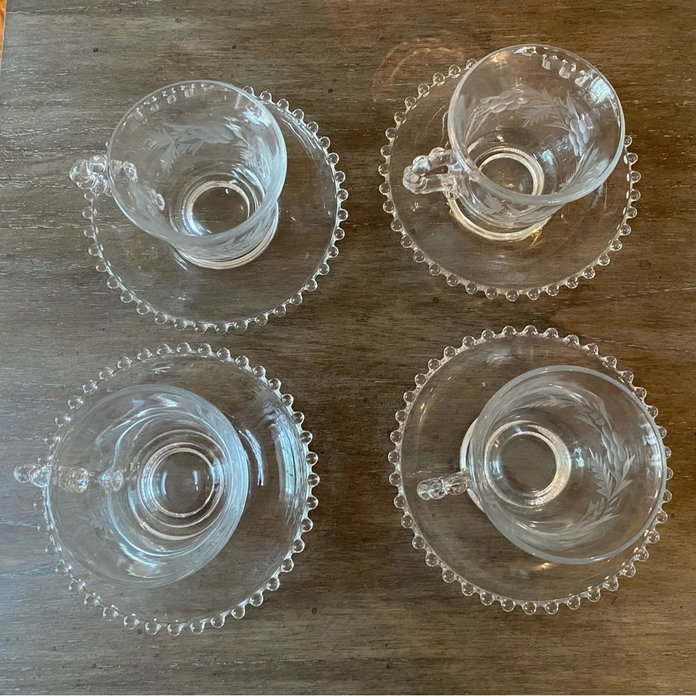 Rare Imperial Glass Etched Cups and Saucers Clear Beaded Candlewick Set of 4